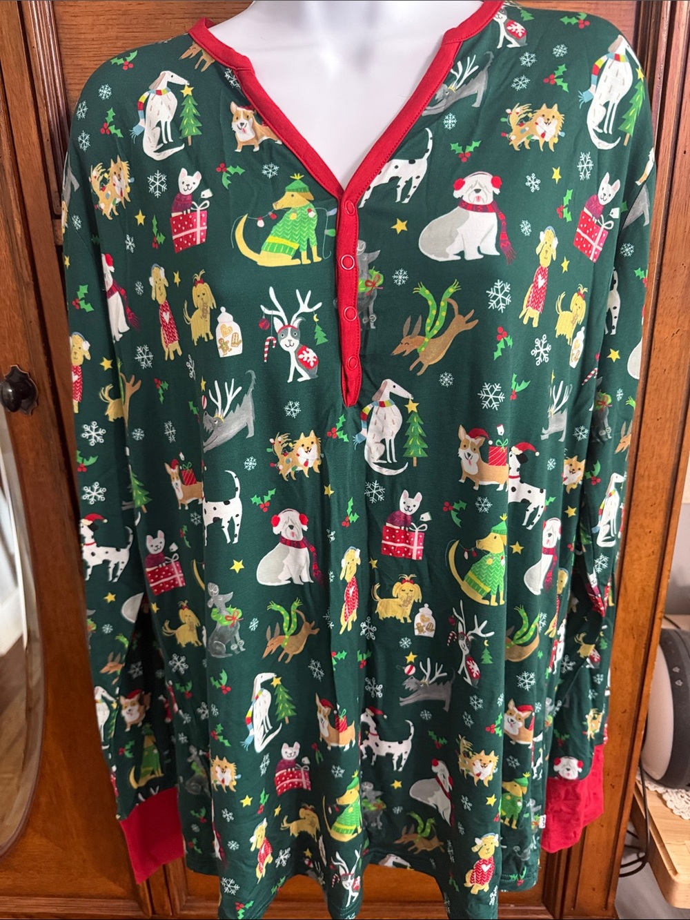 Little Sleepies Green Women's Holiday Dog Print Pajama Top with Red Trim